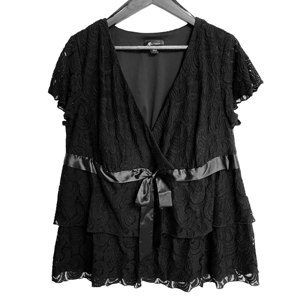 AB Studio Lace Tiered Faux Wrap Top Women 1X Black